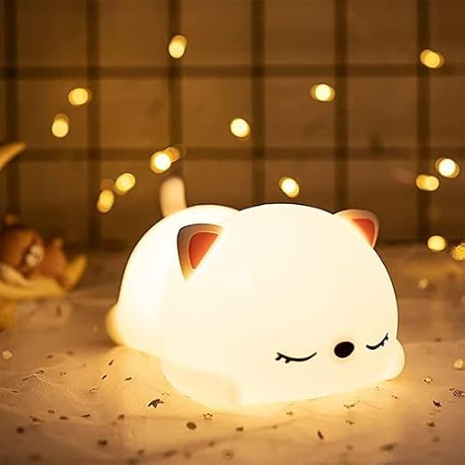 Silicone Sleeping Cat Night Light – Touch-Control Color-Changing LED Lamp